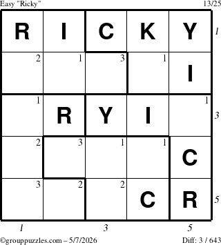 The grouppuzzles.com Easy Ricky puzzle for Thursday May 7, 2026 with all 3 steps marked