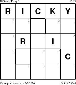 The grouppuzzles.com Difficult Ricky puzzle for Thursday May 7, 2026 with the first 3 steps marked