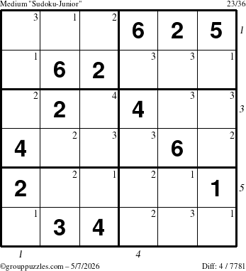 The grouppuzzles.com Medium Sudoku-Junior puzzle for Thursday May 7, 2026, suitable for printing, with all 4 steps marked
