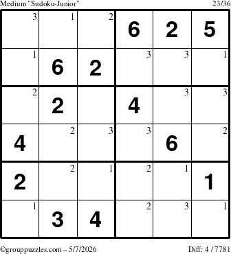 The grouppuzzles.com Medium Sudoku-Junior puzzle for Thursday May 7, 2026 with the first 3 steps marked