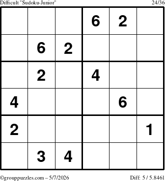 The grouppuzzles.com Difficult Sudoku-Junior puzzle for Thursday May 7, 2026