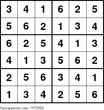 The grouppuzzles.com Answer grid for the Sudoku-Junior puzzle for Thursday May 7, 2026