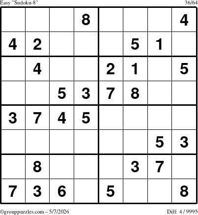 The grouppuzzles.com Easy Sudoku-8 puzzle for Thursday May 7, 2026