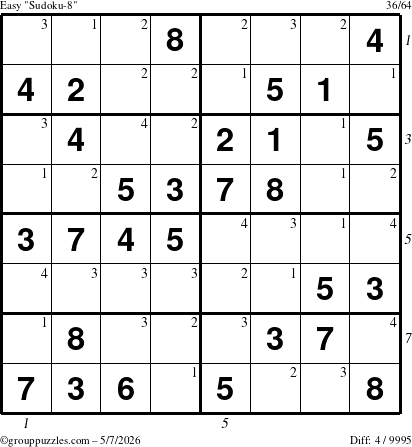 The grouppuzzles.com Easy Sudoku-8 puzzle for Thursday May 7, 2026, suitable for printing, with all 4 steps marked