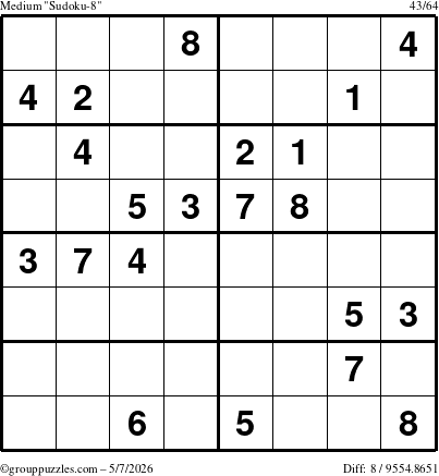The grouppuzzles.com Medium Sudoku-8 puzzle for Thursday May 7, 2026