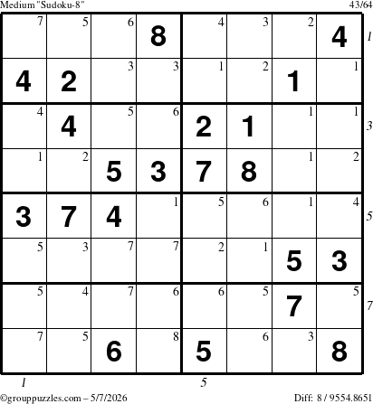 The grouppuzzles.com Medium Sudoku-8 puzzle for Thursday May 7, 2026, suitable for printing, with all 8 steps marked