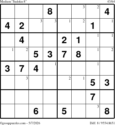 The grouppuzzles.com Medium Sudoku-8 puzzle for Thursday May 7, 2026 with the first 3 steps marked