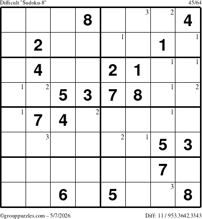 The grouppuzzles.com Difficult Sudoku-8 puzzle for Thursday May 7, 2026 with the first 3 steps marked