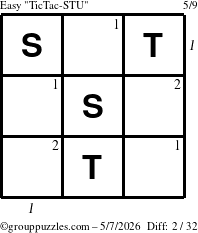 The grouppuzzles.com Easy TicTac-STU puzzle for Thursday May 7, 2026, suitable for printing, with all 2 steps marked