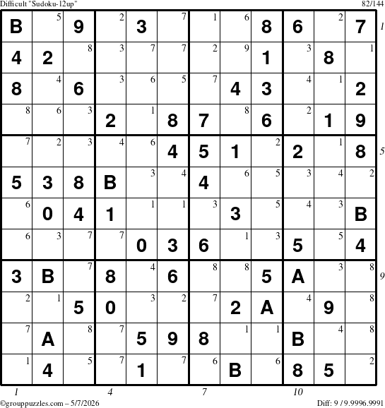 The grouppuzzles.com Difficult Sudoku-12up puzzle for Thursday May 7, 2026, suitable for printing, with all 9 steps marked