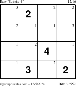 The grouppuzzles.com Easy Sudoku-4 puzzle for Thursday December 5, 2024 with the first 3 steps marked