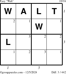 The grouppuzzles.com Easy Walt puzzle for Thursday December 5, 2024 with all 3 steps marked