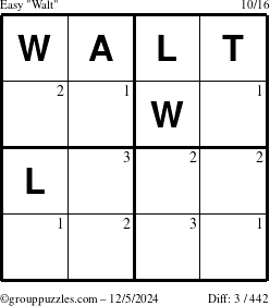 The grouppuzzles.com Easy Walt puzzle for Thursday December 5, 2024 with the first 3 steps marked