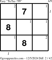 The grouppuzzles.com Easy TicTac-789 puzzle for Thursday December 5, 2024 with all 2 steps marked