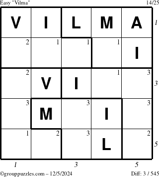 The grouppuzzles.com Easy Vilma puzzle for Thursday December 5, 2024 with all 3 steps marked