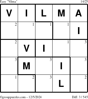 The grouppuzzles.com Easy Vilma puzzle for Thursday December 5, 2024 with the first 3 steps marked