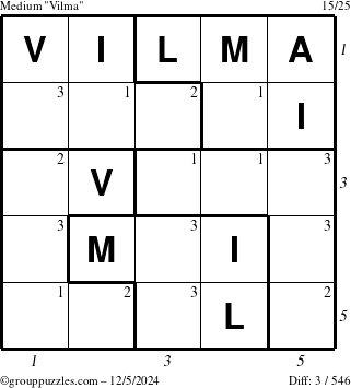 The grouppuzzles.com Medium Vilma puzzle for Thursday December 5, 2024 with all 3 steps marked