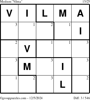 The grouppuzzles.com Medium Vilma puzzle for Thursday December 5, 2024 with the first 3 steps marked