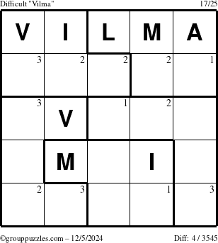 The grouppuzzles.com Difficult Vilma puzzle for Thursday December 5, 2024 with the first 3 steps marked