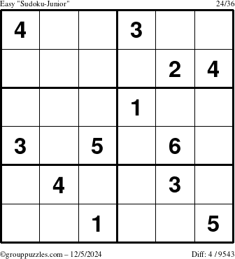 The grouppuzzles.com Easy Sudoku-Junior puzzle for Thursday December 5, 2024