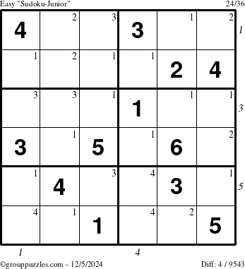 The grouppuzzles.com Easy Sudoku-Junior puzzle for Thursday December 5, 2024 with all 4 steps marked