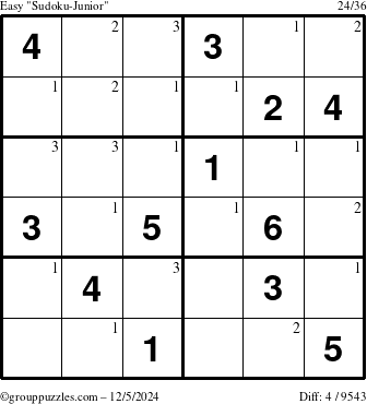 The grouppuzzles.com Easy Sudoku-Junior puzzle for Thursday December 5, 2024 with the first 3 steps marked