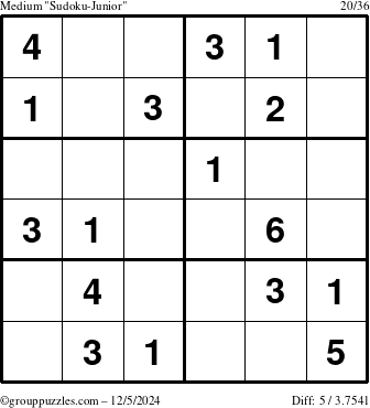 The grouppuzzles.com Medium Sudoku-Junior puzzle for Thursday December 5, 2024