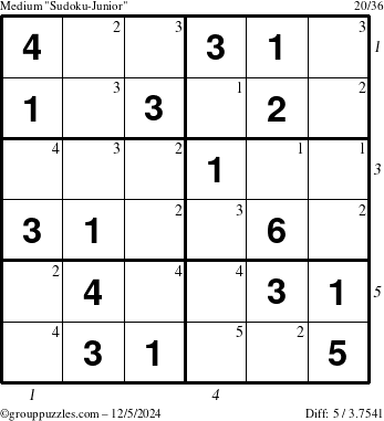 The grouppuzzles.com Medium Sudoku-Junior puzzle for Thursday December 5, 2024 with all 5 steps marked