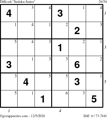 The grouppuzzles.com Difficult Sudoku-Junior puzzle for Thursday December 5, 2024 with all 6 steps marked