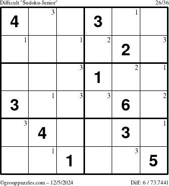 The grouppuzzles.com Difficult Sudoku-Junior puzzle for Thursday December 5, 2024 with the first 3 steps marked