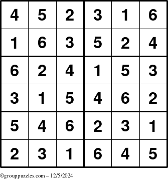 The grouppuzzles.com Answer grid for the Sudoku-Junior puzzle for Thursday December 5, 2024