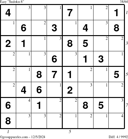 The grouppuzzles.com Easy Sudoku-8 puzzle for Thursday December 5, 2024 with all 4 steps marked