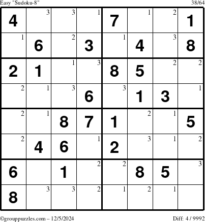 The grouppuzzles.com Easy Sudoku-8 puzzle for Thursday December 5, 2024 with the first 3 steps marked