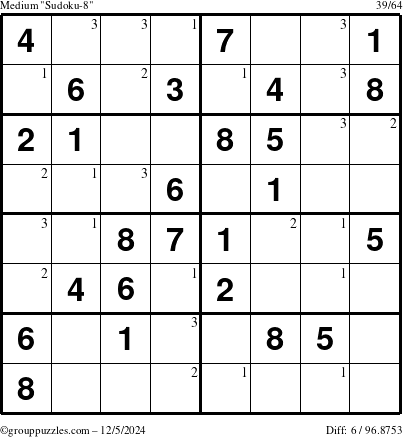 The grouppuzzles.com Medium Sudoku-8 puzzle for Thursday December 5, 2024 with the first 3 steps marked