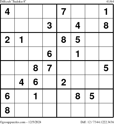 The grouppuzzles.com Difficult Sudoku-8 puzzle for Thursday December 5, 2024