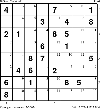 The grouppuzzles.com Difficult Sudoku-8 puzzle for Thursday December 5, 2024 with all 12 steps marked