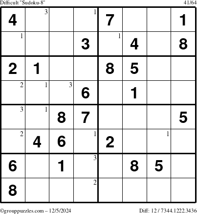 The grouppuzzles.com Difficult Sudoku-8 puzzle for Thursday December 5, 2024 with the first 3 steps marked