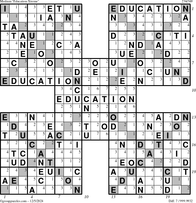 The grouppuzzles.com Medium Education-Xtreme puzzle for Thursday December 5, 2024, suitable for printing, with all 7 steps marked