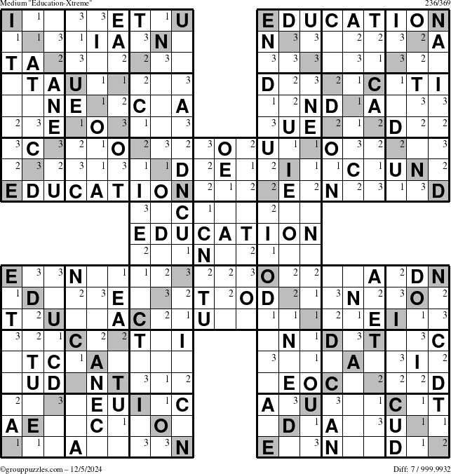 The grouppuzzles.com Medium Education-Xtreme puzzle for Thursday December 5, 2024 with the first 3 steps marked