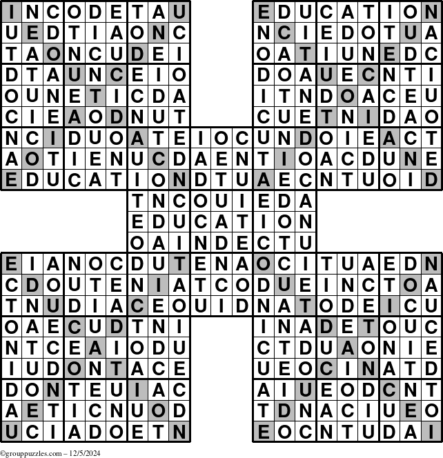 The grouppuzzles.com Answer grid for the Education-Xtreme puzzle for Thursday December 5, 2024