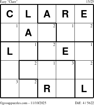 The grouppuzzles.com Easy Clare puzzle for Monday November 10, 2025 with the first 3 steps marked