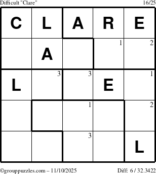 The grouppuzzles.com Difficult Clare puzzle for Monday November 10, 2025 with the first 3 steps marked