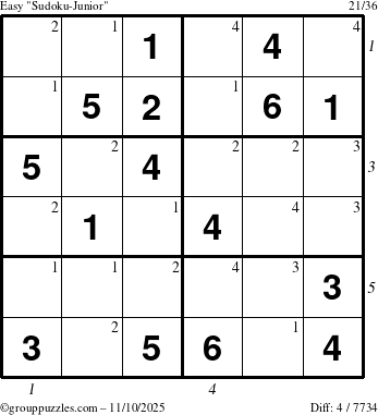 The grouppuzzles.com Easy Sudoku-Junior puzzle for Monday November 10, 2025, suitable for printing, with all 4 steps marked