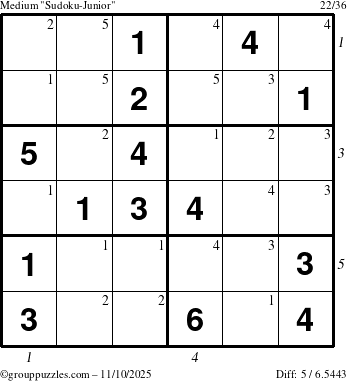 The grouppuzzles.com Medium Sudoku-Junior puzzle for Monday November 10, 2025, suitable for printing, with all 5 steps marked