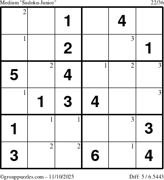 The grouppuzzles.com Medium Sudoku-Junior puzzle for Monday November 10, 2025 with the first 3 steps marked