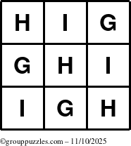 The grouppuzzles.com Answer grid for the TicTac-GHI puzzle for Monday November 10, 2025