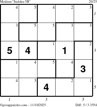 The grouppuzzles.com Medium Sudoku-5B puzzle for Monday November 10, 2025, suitable for printing, with all 5 steps marked