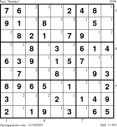 The grouppuzzles.com Easy Sudoku puzzle for Monday November 10, 2025, suitable for printing, with all 3 steps marked
