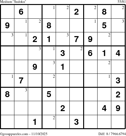 The grouppuzzles.com Medium Sudoku puzzle for Monday November 10, 2025 with the first 3 steps marked