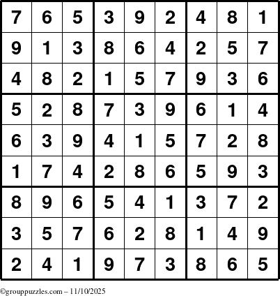 The grouppuzzles.com Answer grid for the Sudoku puzzle for Monday November 10, 2025